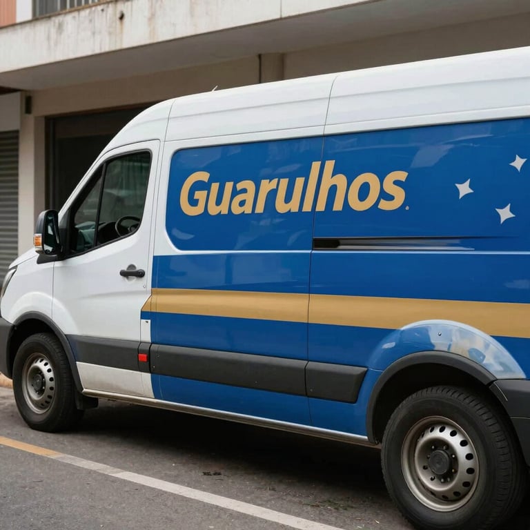 A professional locksmith van with clean blue and gold branding parked on a street in Guarulhos, Brazil.