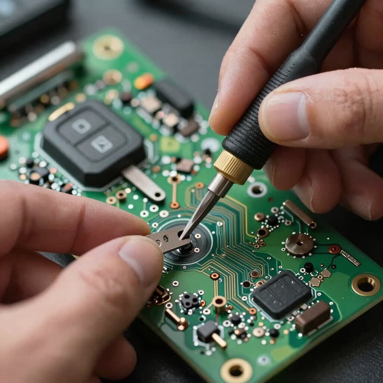 Detailed view of a locksmith repairing a delicate electronic car key circuit board with precision tools.