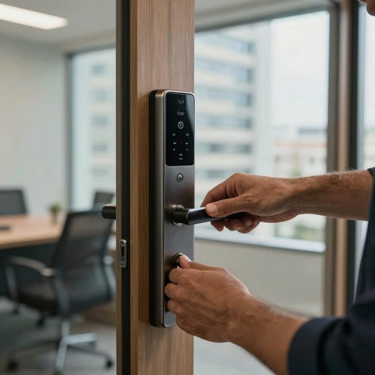 A professional locksmith installing a new electronic handle on a contemporary office door in a South American business district.