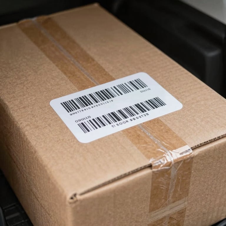 A close-up of a parcel with a clear tracking barcode being placed into a delivery vehicle.