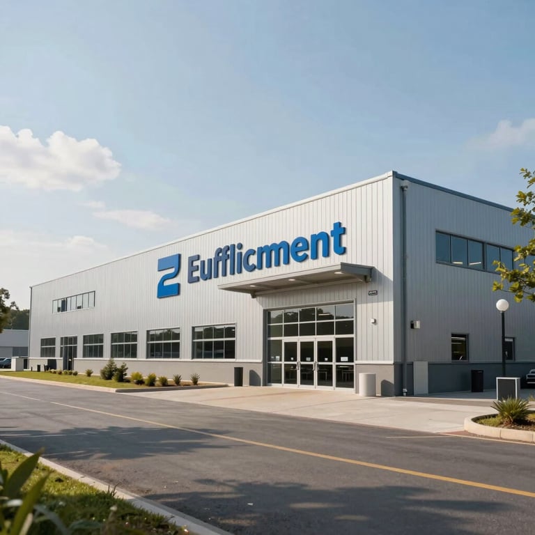 Professional exterior shot of a modern e-commerce fulfillment center in a French business park, bright daylight.