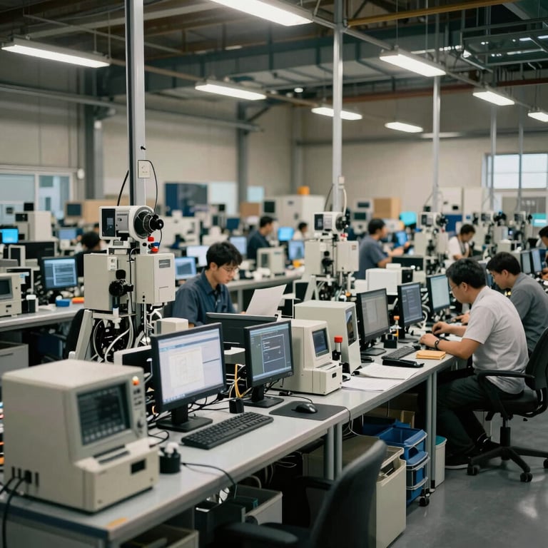 Wide angle shot of a busy but organized sorting facility with high-end technology and soft lighting.