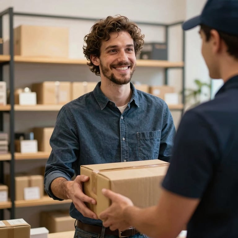 Portrait of a smiling business owner in a French boutique receiving a package from a professional courier.