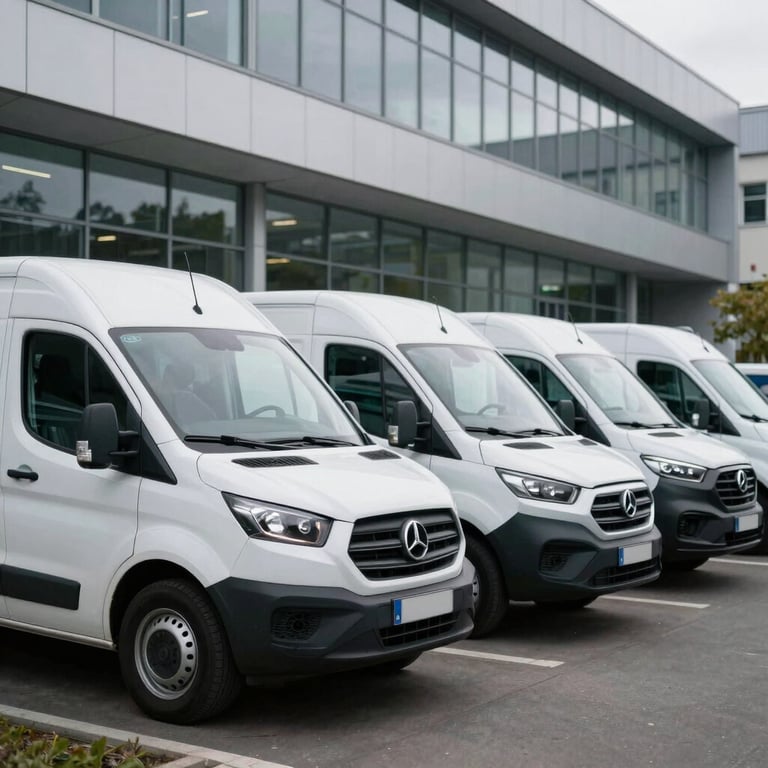 A fleet of clean white delivery vans lined up neatly in front of a modern office building, Western European setting.