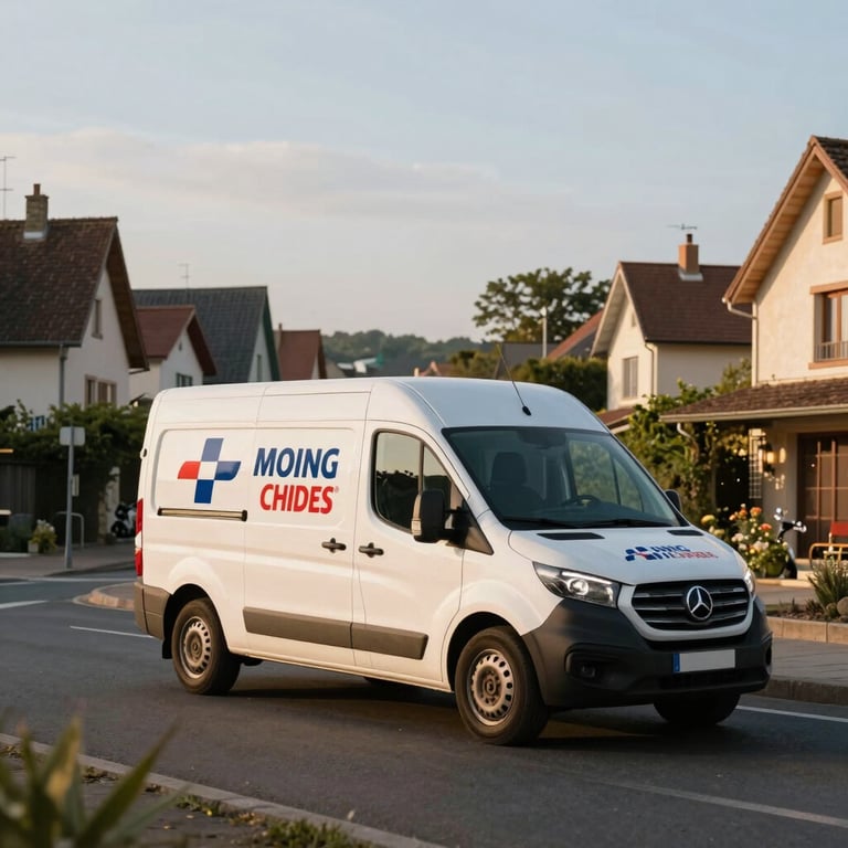 A courier driving a branded delivery vehicle through a scenic French suburban street during the golden hour.