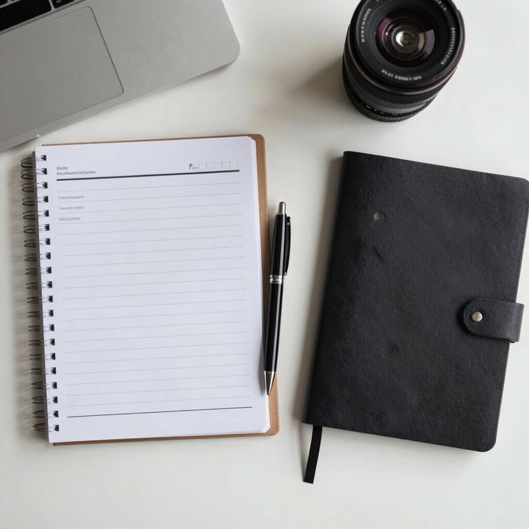 An overhead shot of a clean workspace with a planner, a pen, and a professional notebook in a professional North American setting.