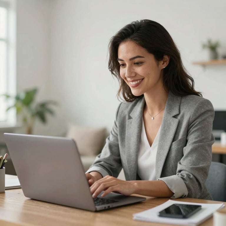 A professional woman in business casual attire smiling while looking at a laptop screen in a bright, modern North American home office.