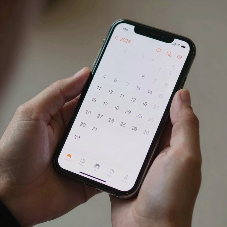 A detailed close-up of a person's hands holding a high-end smartphone showing a calendar app, symbolizing organized consultancy.