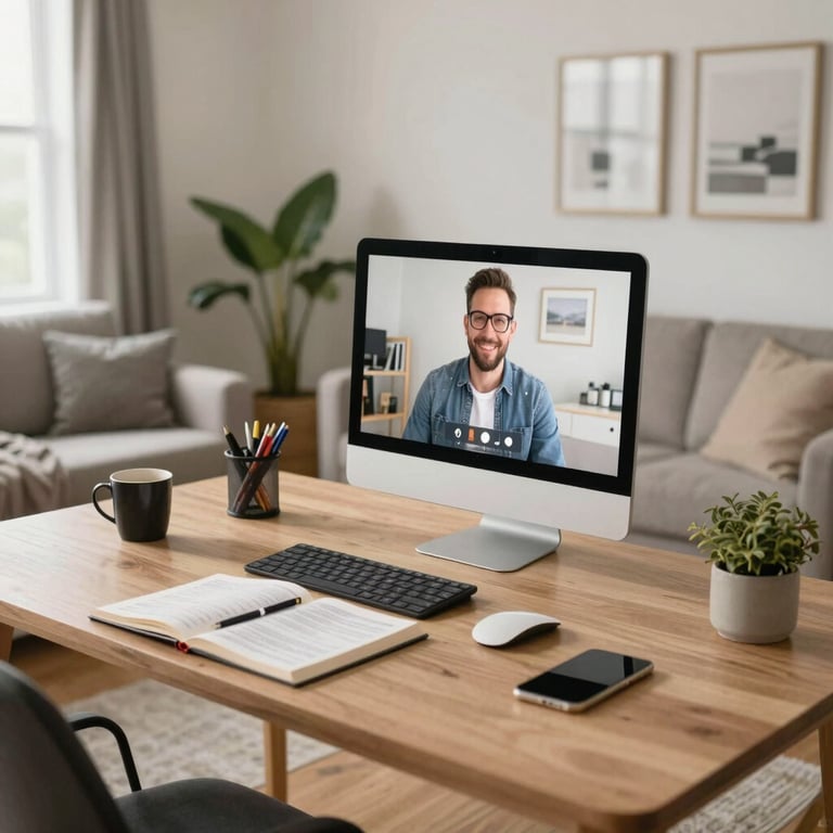 A bright and airy living room in a North American home, with a desk neatly organized for virtual meetings and real estate planning.