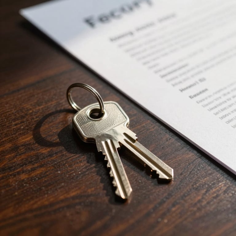 Close up of a silver house key with a simple keychain sitting on a dark wood table next to a professional document, lit by warm morning sun.