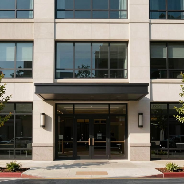 A clean, sunlit architectural view of a contemporary commercial building entrance in Delaware, North America.