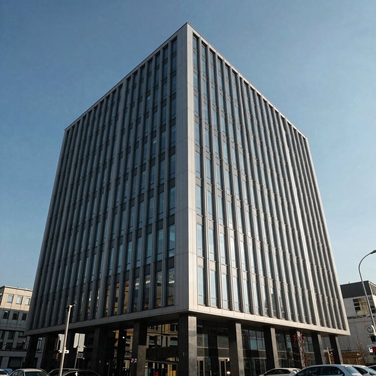 Exterior shot of a modern professional office building in Sultanbeyli, Istanbul, under a clear blue sky.