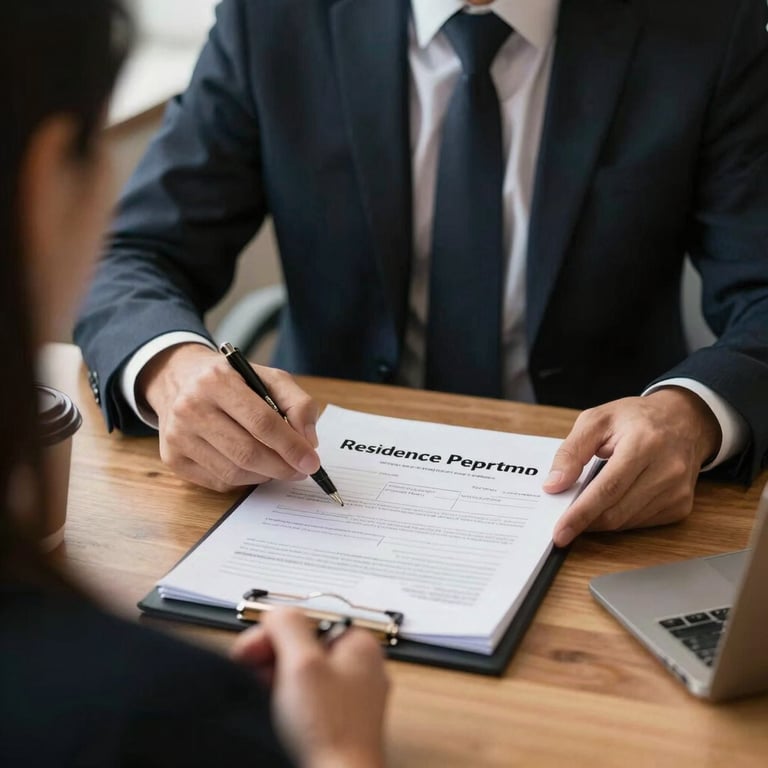A consultant in business attire explaining a residence permit form to a client, warm supportive lighting.