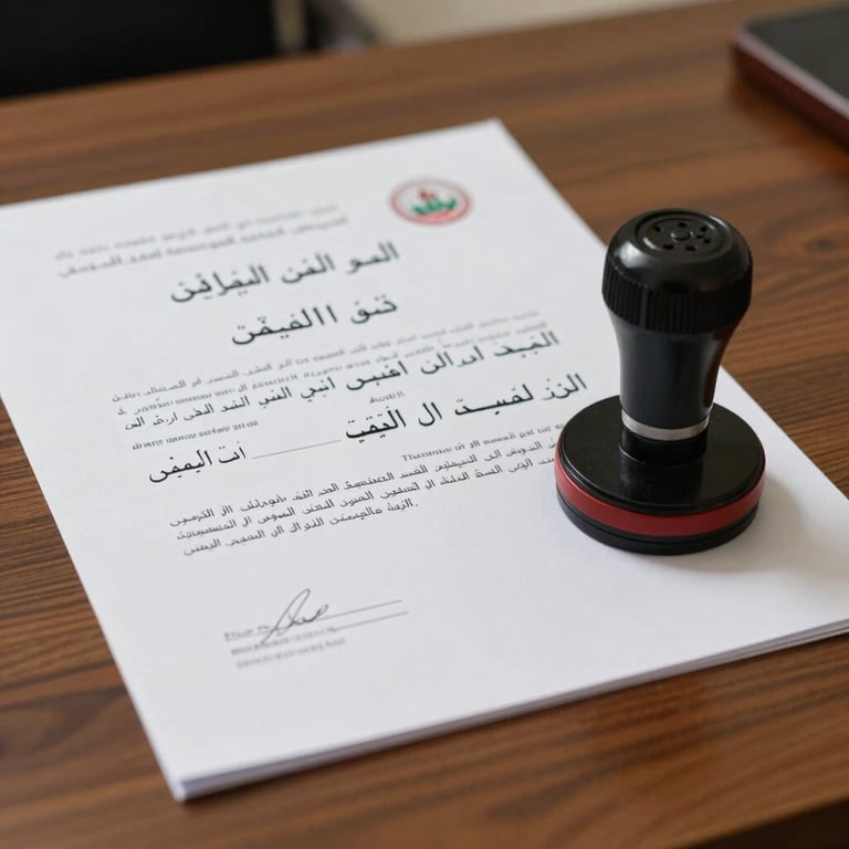 A sharp photograph of an official Arabic translation document with a professional stamp on a wooden desk, Middle Eastern / Turkish context.