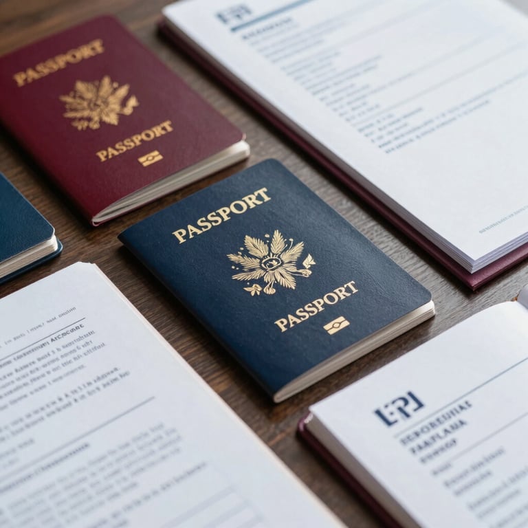 A group of diverse passports and application folders arranged neatly, signifying global mobility and professional efficiency.