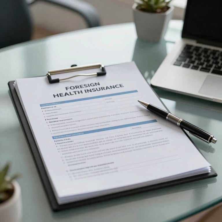 Close-up of a foreign health insurance policy folder with a pen, sitting on a glass table in a bright office.