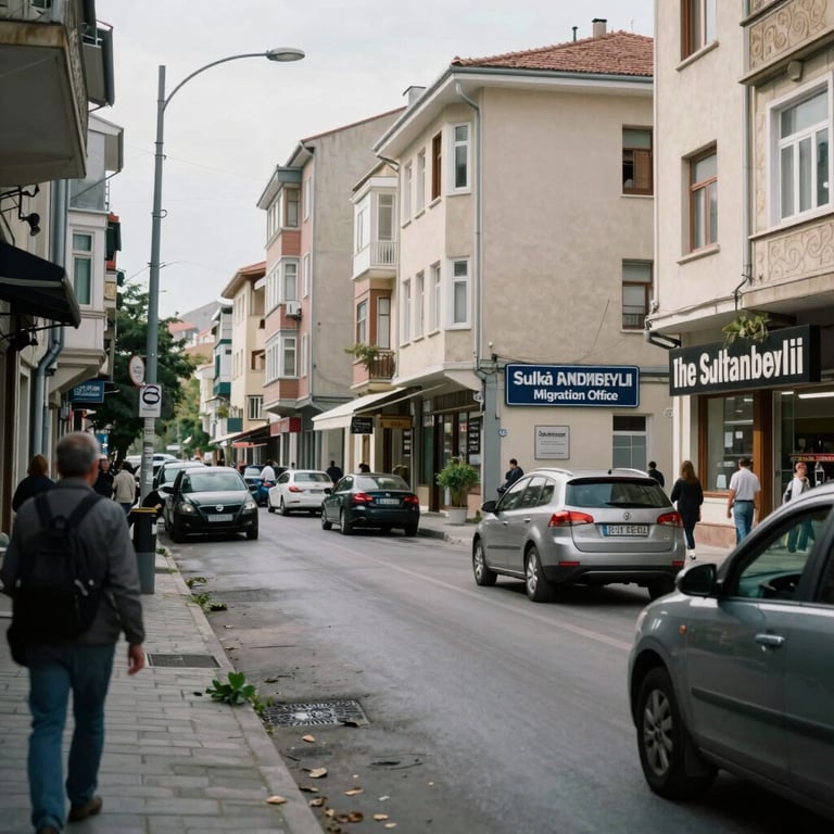 View of the busy street in Sultanbeyli near the Migration Office, showing a professional and accessible location.