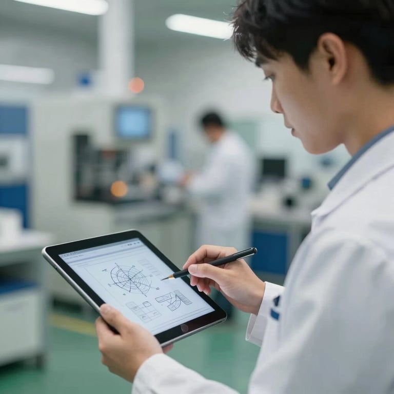 A technician reviewing technical diagrams on a digital tablet in a modern factory setting.