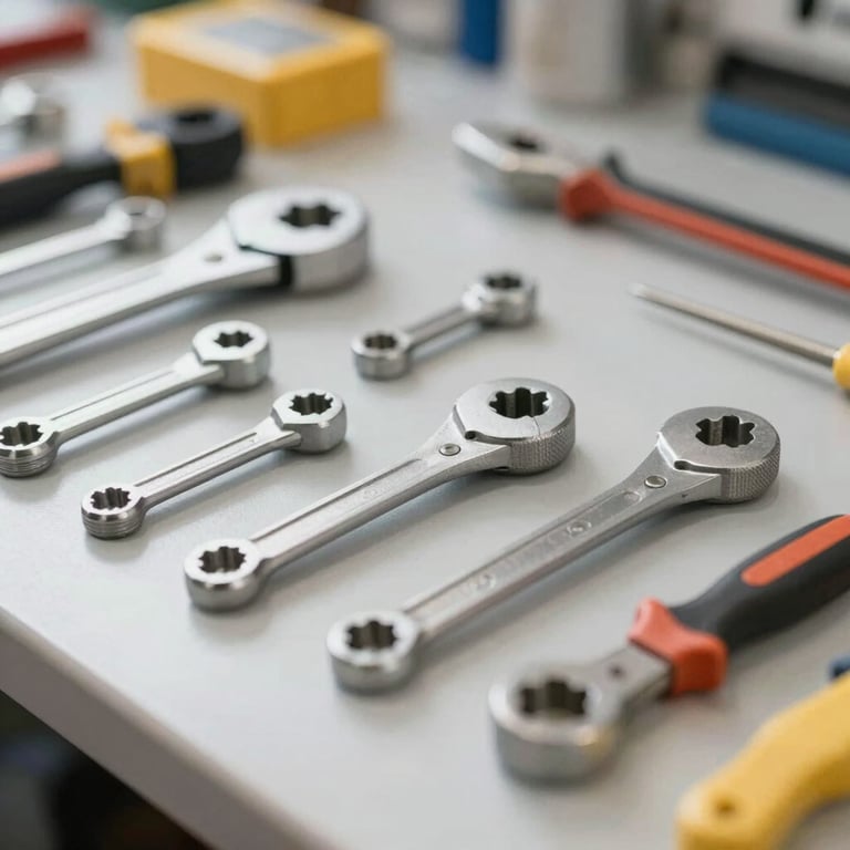 A set of professional mechanical tools arranged neatly on a workbench in a bright workshop.