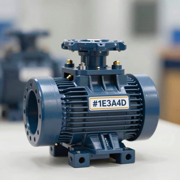 Close-up of a perfectly maintained hydraulic pump with brand colors #1E3A4D visible in the background.