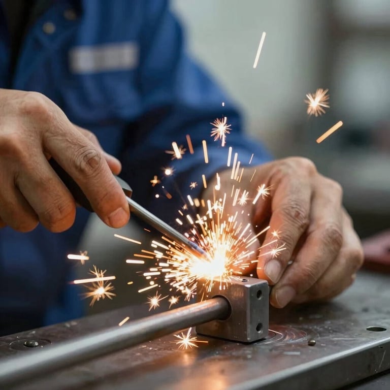 Action shot of sparks during a precise metal repair process, captured with high-speed photography.