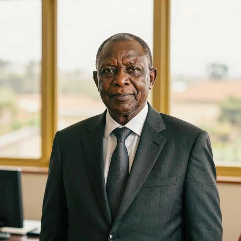 Dignified portrait of a senior East African male executive in a dark tailored suit, warm natural window light, Kampala office background, 35mm