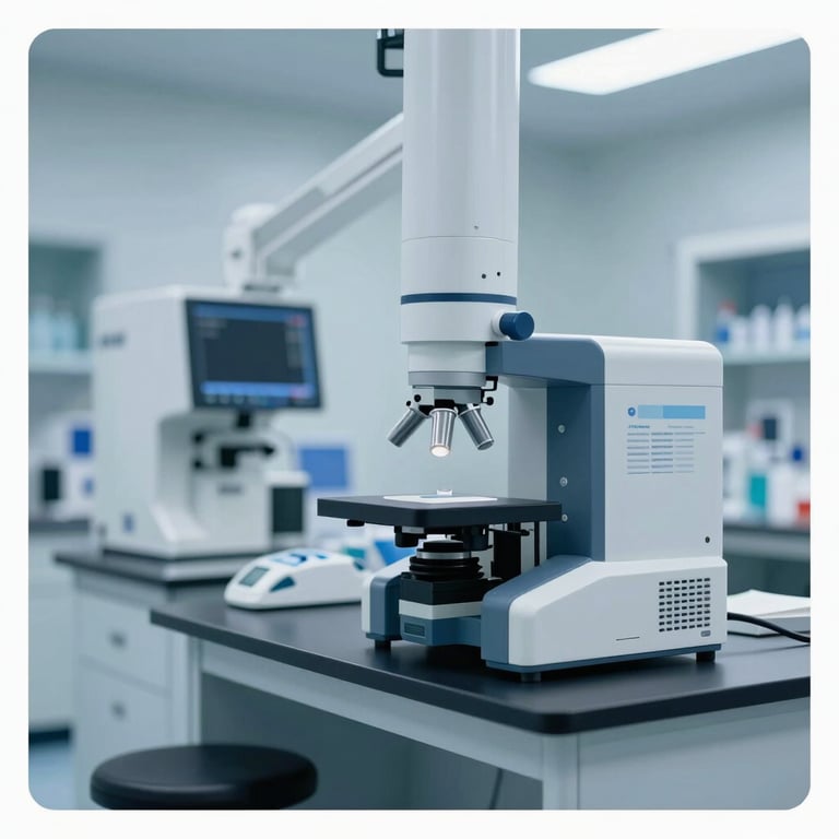 A clean, professional medical research laboratory with high-tech equipment, symbolizing Healthcare Advancement, in #70A2B6 tones.
