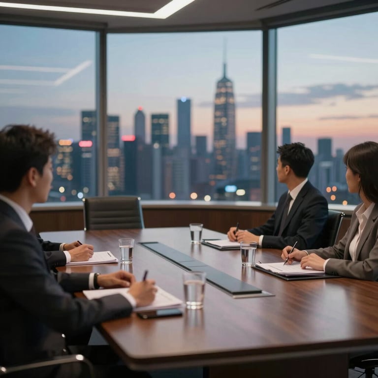 An elegant boardroom overlooking a global city skyline at dusk, representing Global Engagement and strategic leadership.
