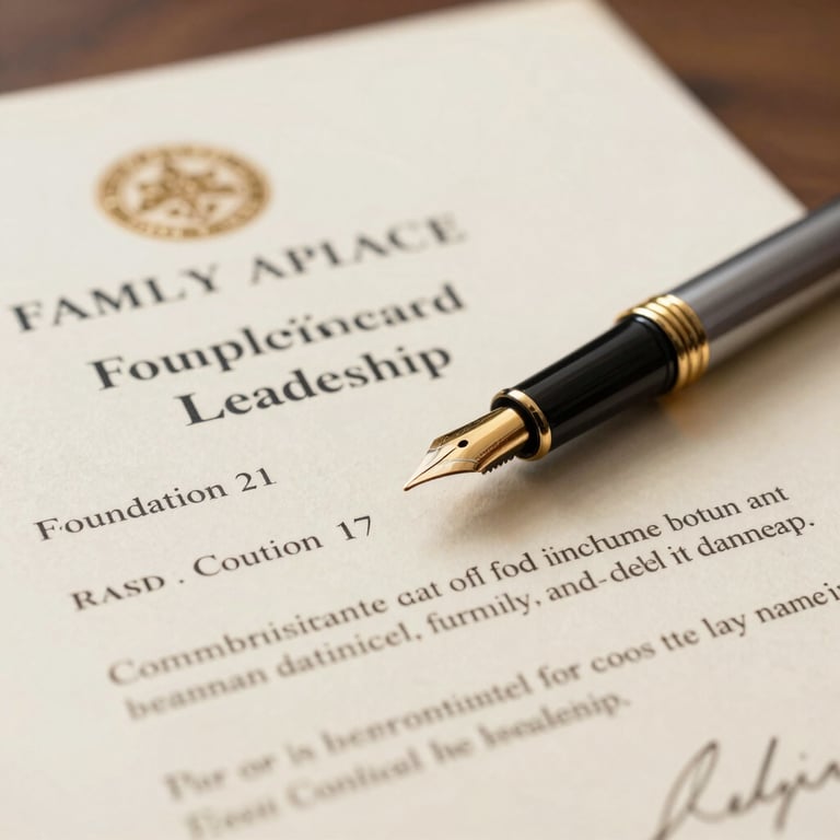 A serene image of a family legacy document and a fountain pen, symbolizing the Foundation's compassionate, family-led leadership.
