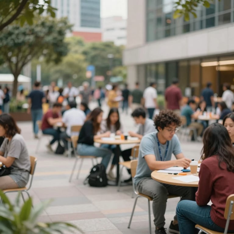 A vibrant urban community center with people collaborating, representing Community Development and social engagement.