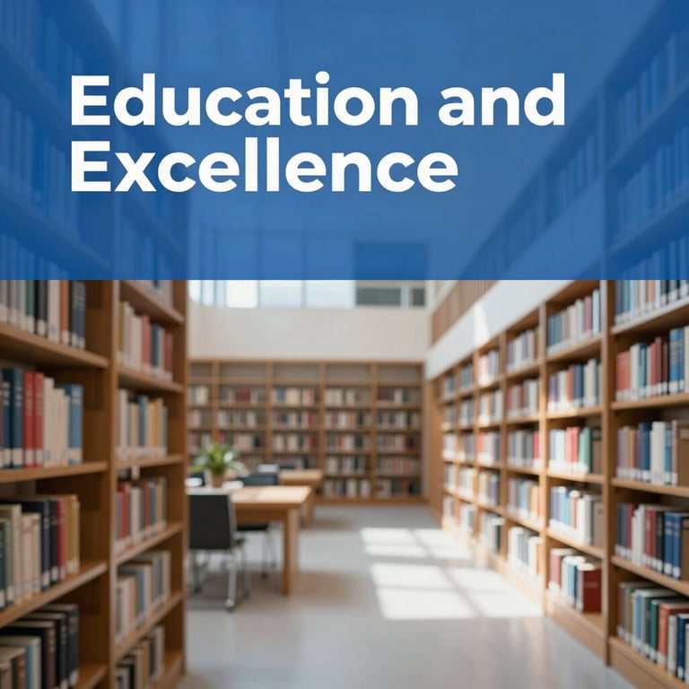 A sophisticated modern library with light pouring in, symbolizing Education and Excellence, using #E6F0F4 and #2C576C.