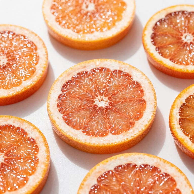 Macro close-up of glistening sliced grapefruit and blood orange on a clean white surface, vibrant citrus tones, bright direct morning sunlight with soft shadows, crisp focus, high-end editorial food photography.