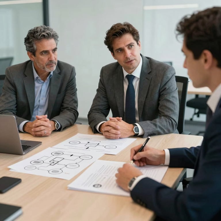 Technical meeting between consultants and executives in a Latin American office, focused on strategic process charts.