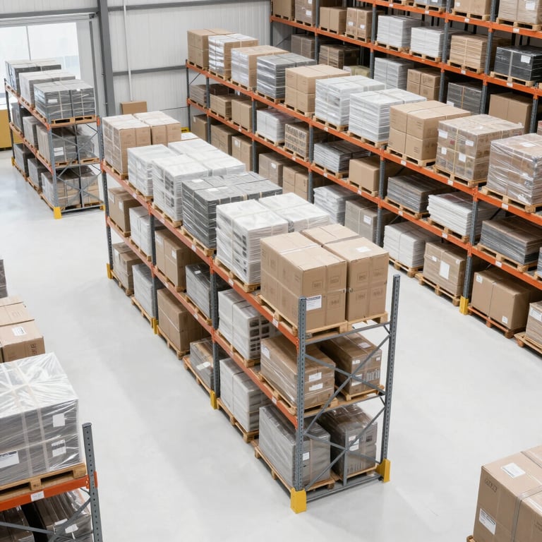High-angle view of an organized, modern warehouse with efficient shelving and logistics engineering, bright snow white lighting.