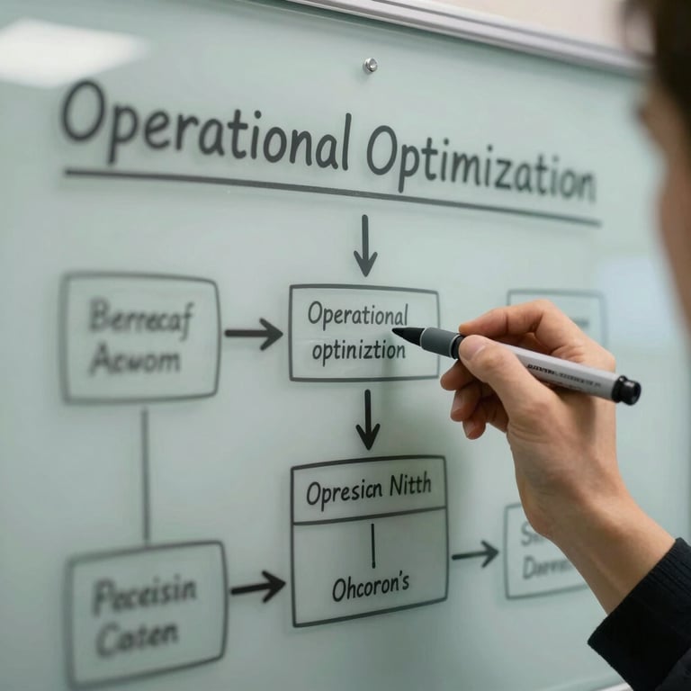 Detailed photography of a flowchart on a glass board with oxford grey markers, depicting operational optimization.