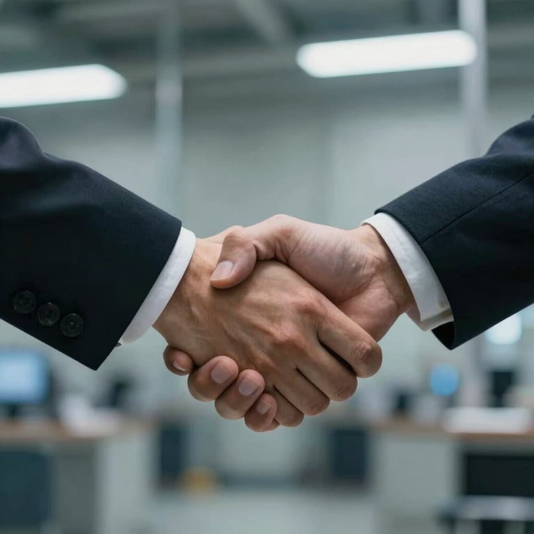 Close-up of a professional handshake in a high-tech industrial environment, emphasizing trust and authority.