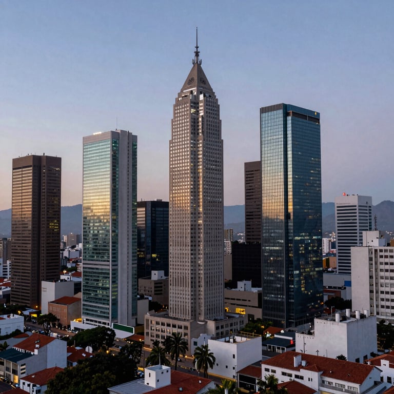 A wide shot of a Latin American financial district at dusk, symbolizing business growth and strategic expansion.