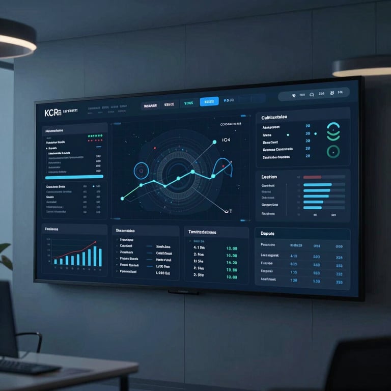 Minimalist shot of a data-driven performance dashboard in a modern Latin American corporate setting, midnight blue lighting.