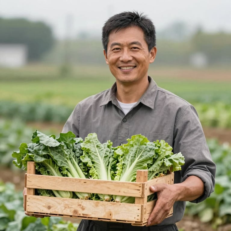 A local farmer smiling while holding a crate of fresh greens, soft focus background, professional documentary style.