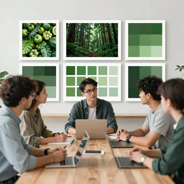 The Pomodoro team brainstorming in a bright studio, with mood boards featuring food textures and forest green color swatches.
