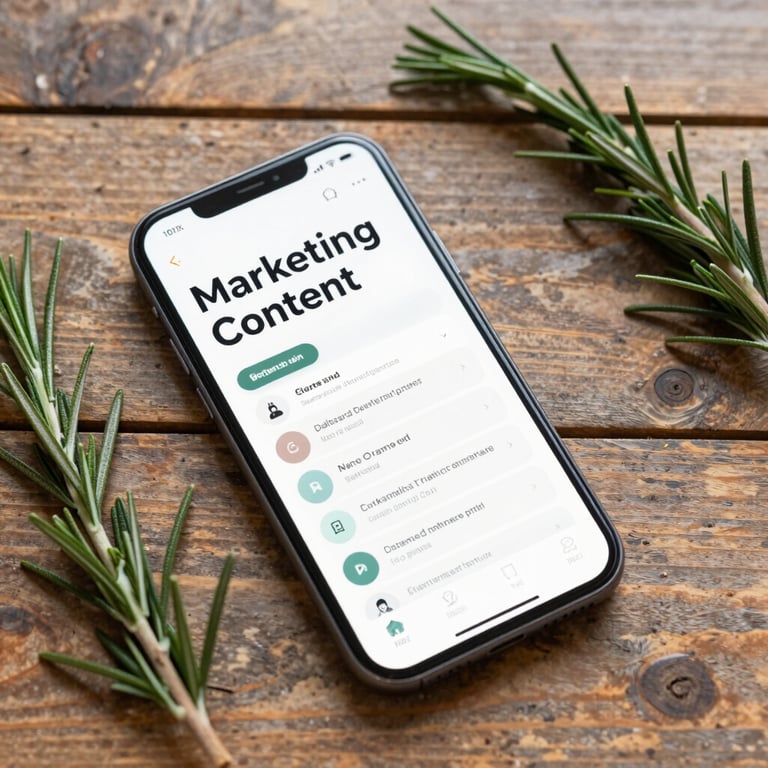 A top-down flat lay of a marketing content plan, a smartphone, and a sprig of rosemary on a rustic wooden table.