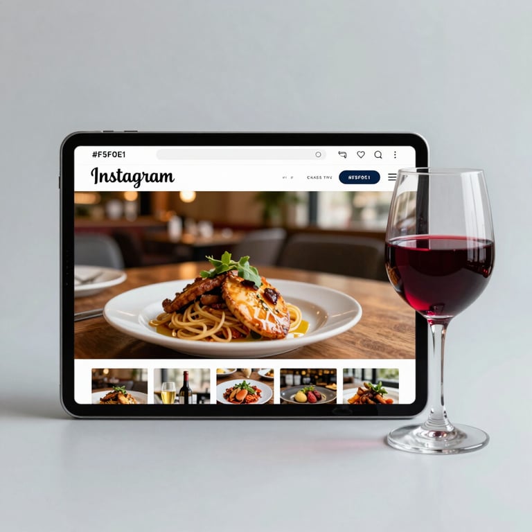 A tablet displaying a vibrant Instagram feed for a restaurant, sitting next to a glass of red wine on a #F5F0E1 surface.