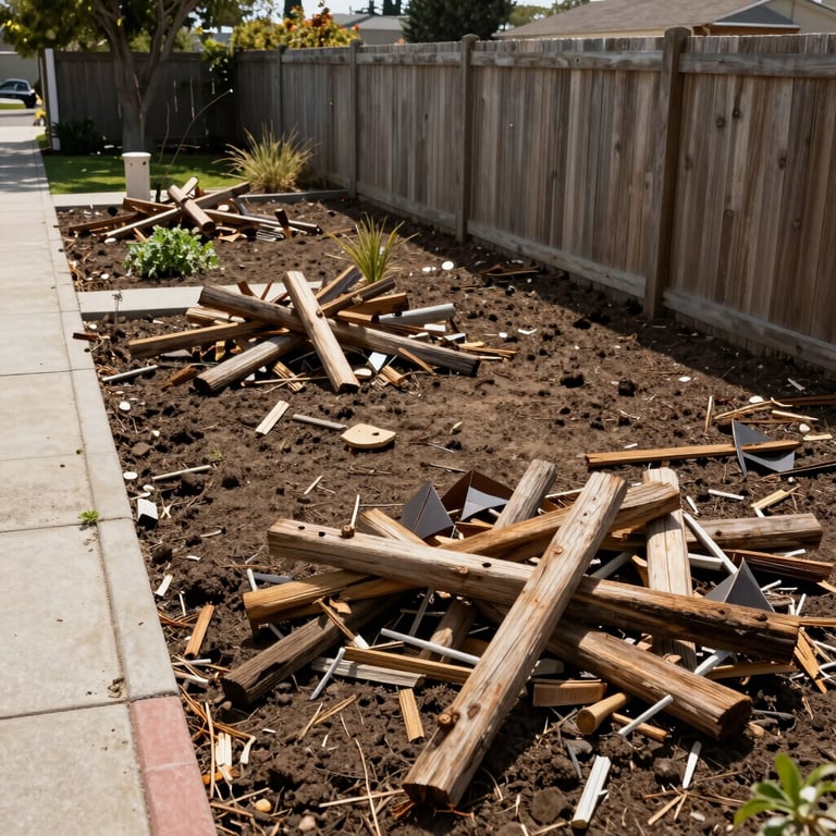 A tidy side-yard in Mountain View, California, completely cleared of old wooden debris and garden waste, showing clean soil and a neat fence.