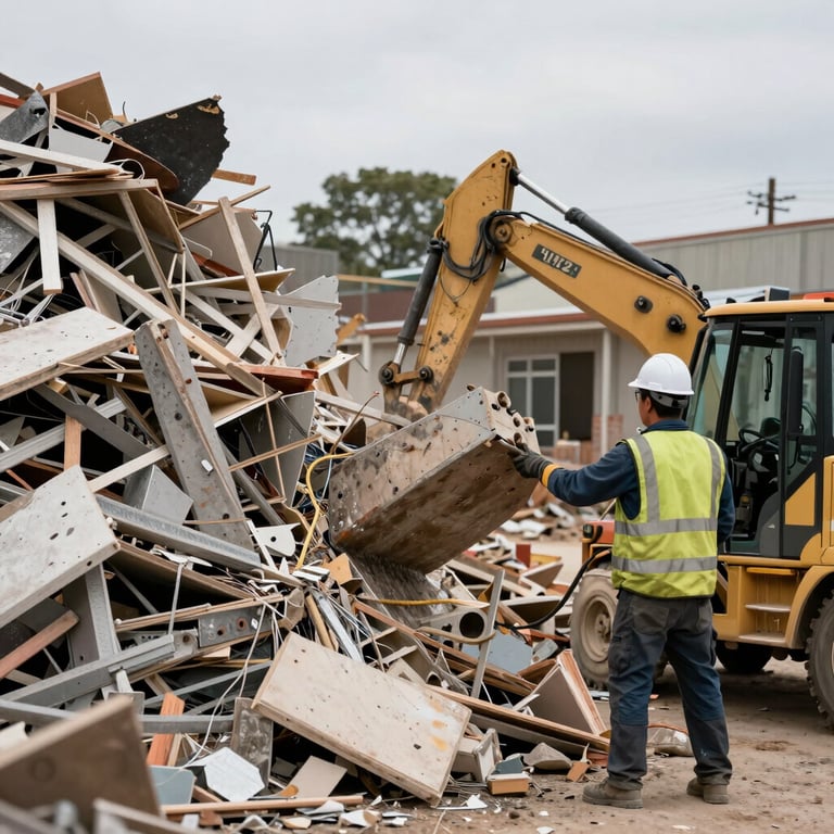 An organized pile of construction debris being efficiently removed from a renovation site in Oakland, showing a safe and methodical work process.