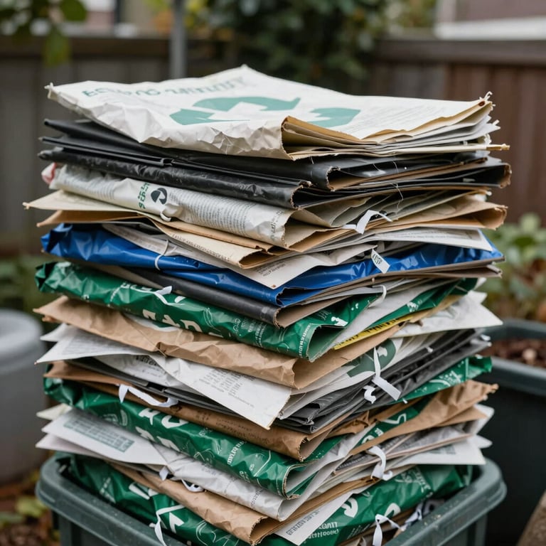 A close-up of a neat stack of recyclable materials being prepared for eco-friendly disposal in a Sunnyvale backyard.