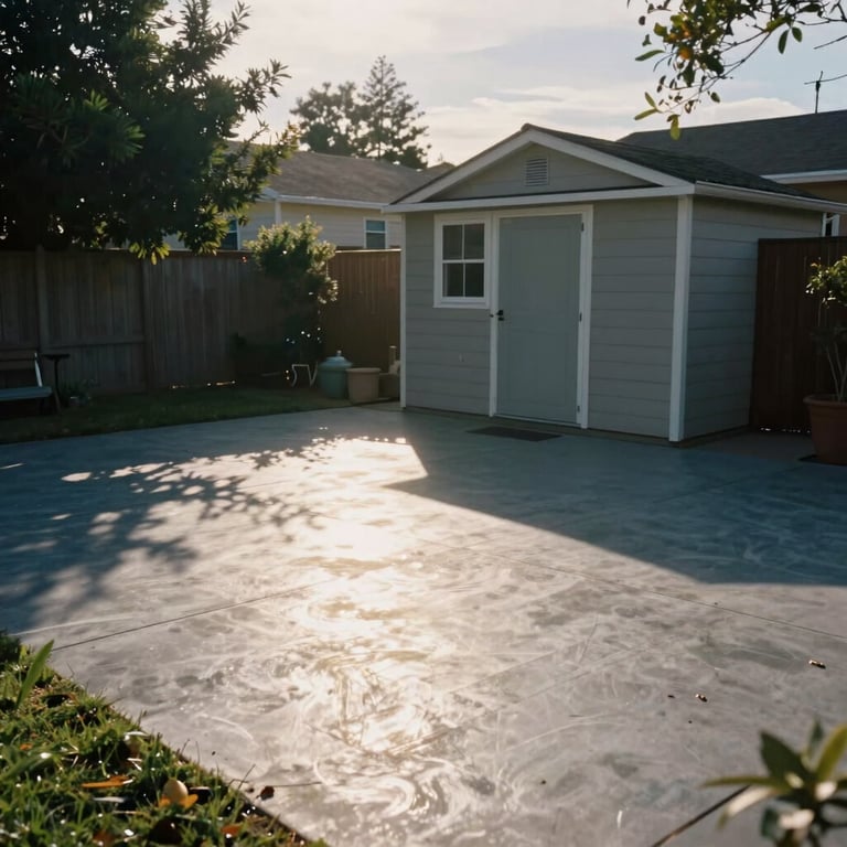 A wide shot of a spacious, empty backyard shed in Berkeley after a full clean-out service, with the sun reflecting off the clean floor.
