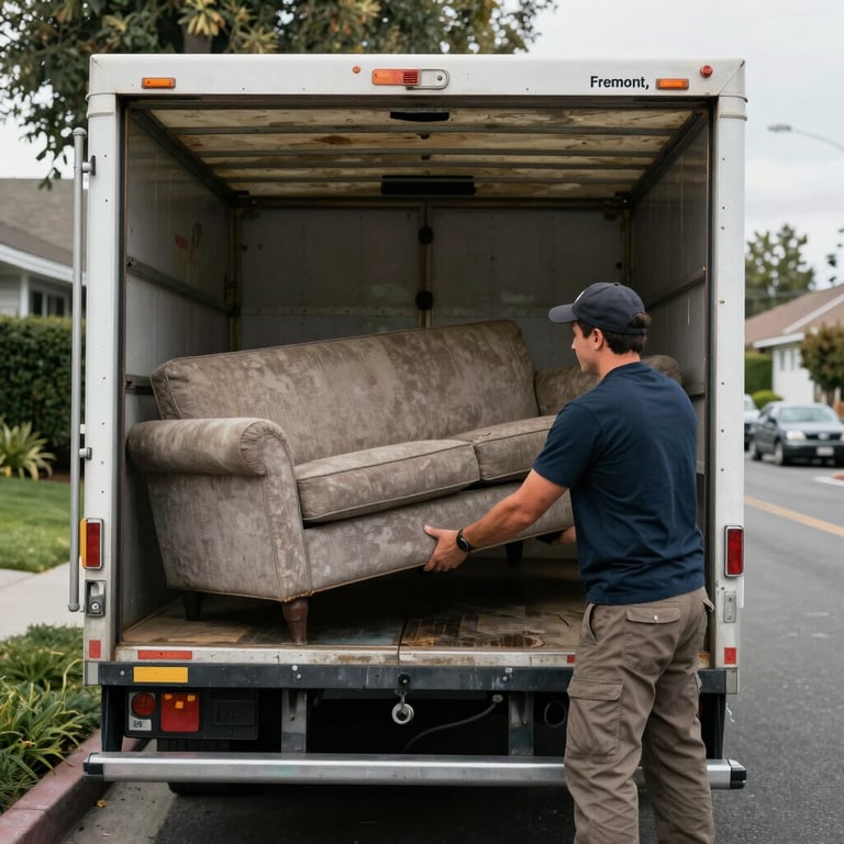 A professional crew member in a dark blue shirt safely loading an old sofa into a clean hauling trailer in a residential street in Fremont.