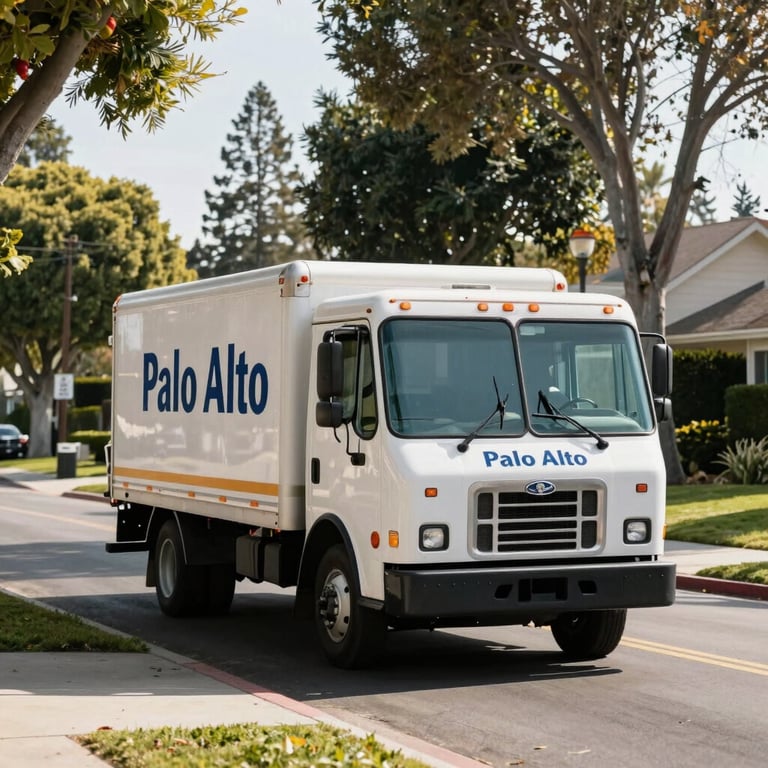 A bright morning shot of a removal truck driving through a clean, tree-lined neighborhood in Palo Alto, California.