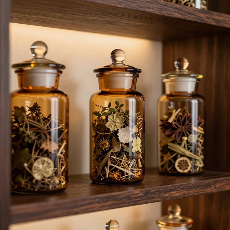 Elegant amber glass apothecary jars filled with dried botanicals on dark oak shelves, warm ambient lighting.