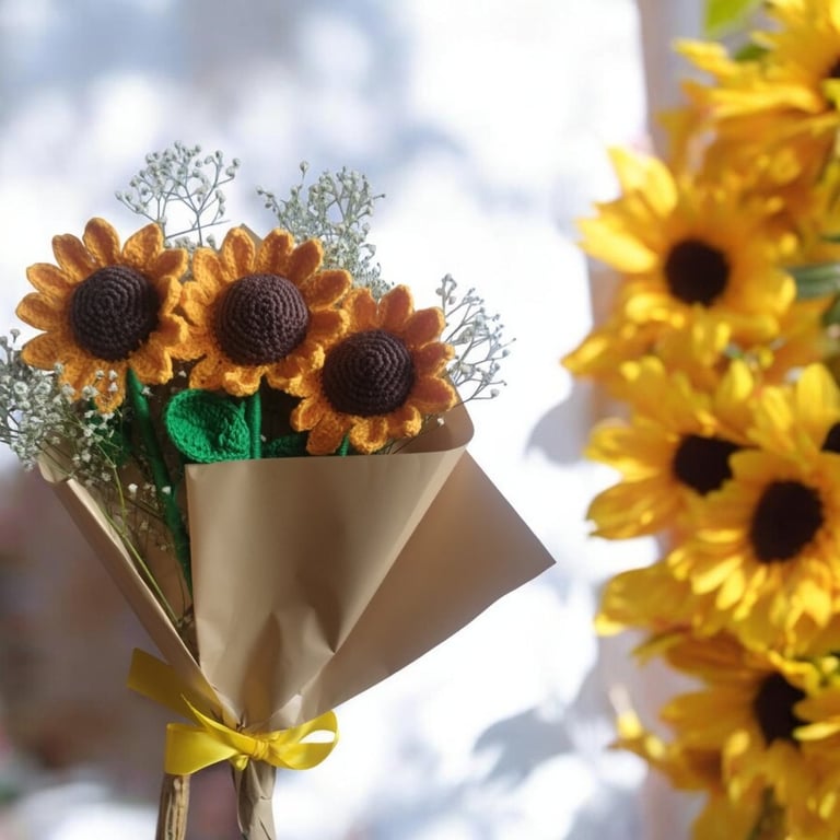 Ramo de girasoles hecho a mano con ganchillo, envuelto en papel marrón y con una cinta amarilla.